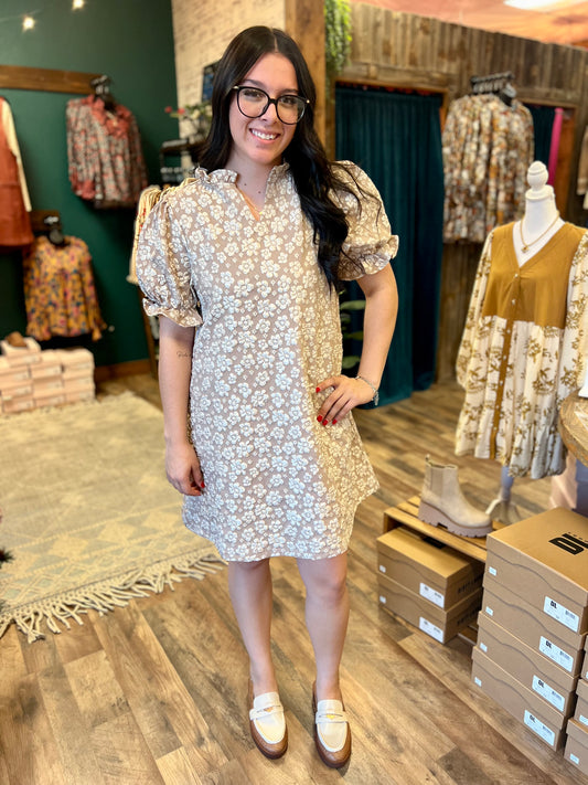 Taupe Floral Jacquard Dress