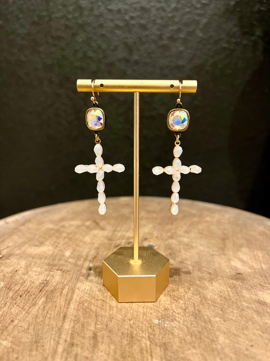 Ivory Beaded Cross Earring