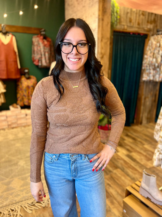 Floral Textured Mock Neck Sweater