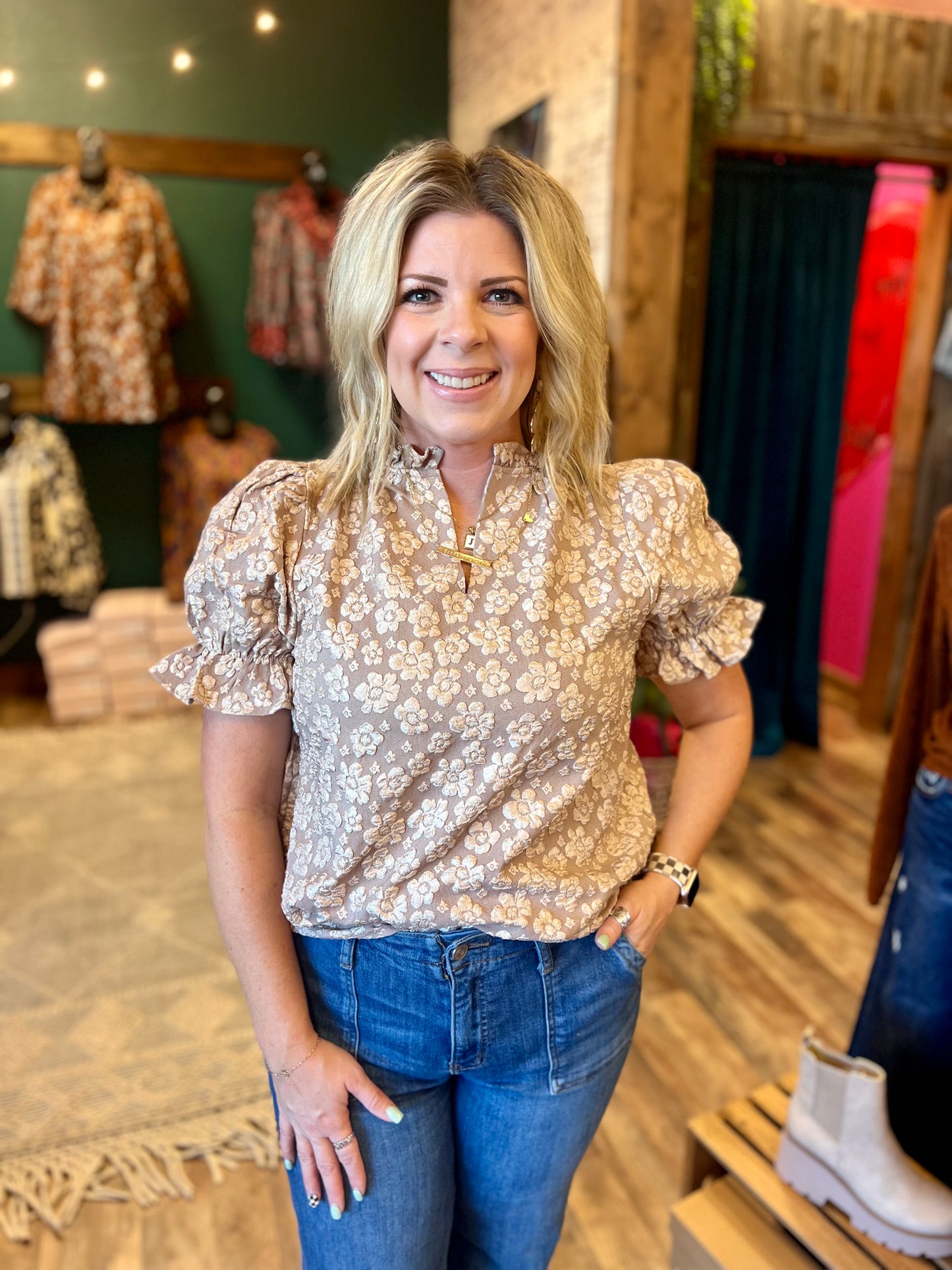 Taupe Floral Jacquard Ruffle Top