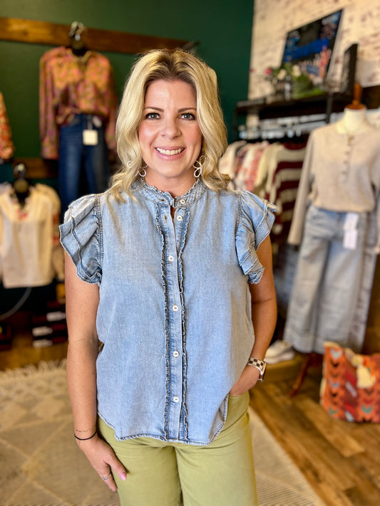 Denim Ruffle Trim Blouse