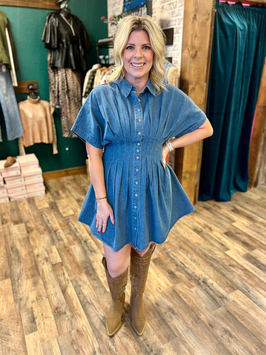 Denim Button Up Pleated Dress