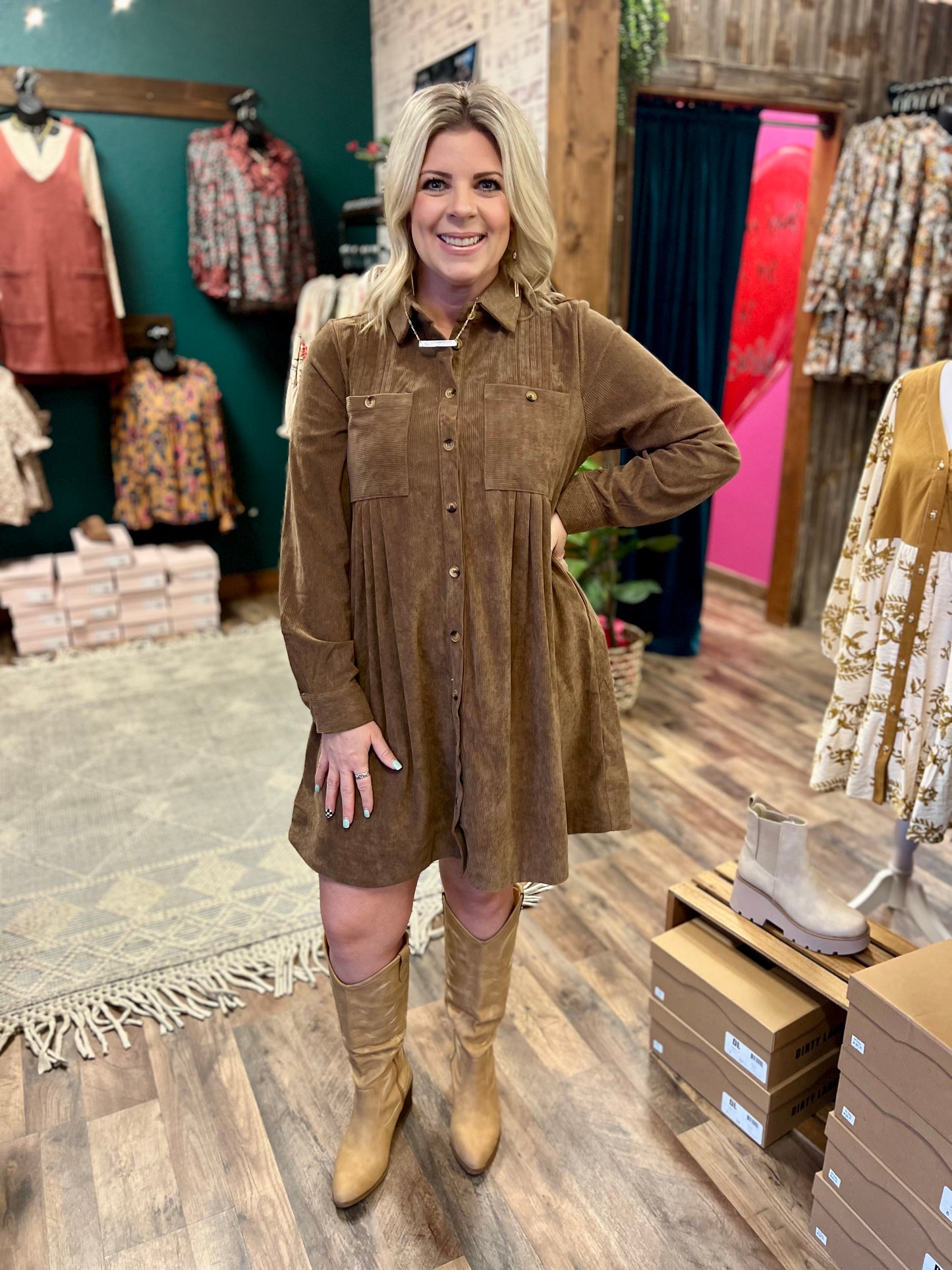 Pleated Corduroy Dress