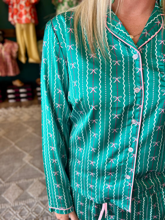 Satin Bow Button Up Pajamas