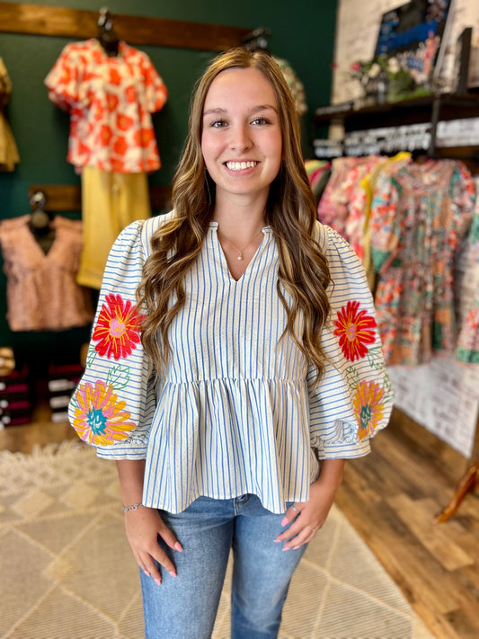 Embroidered Stripe Babydoll Top