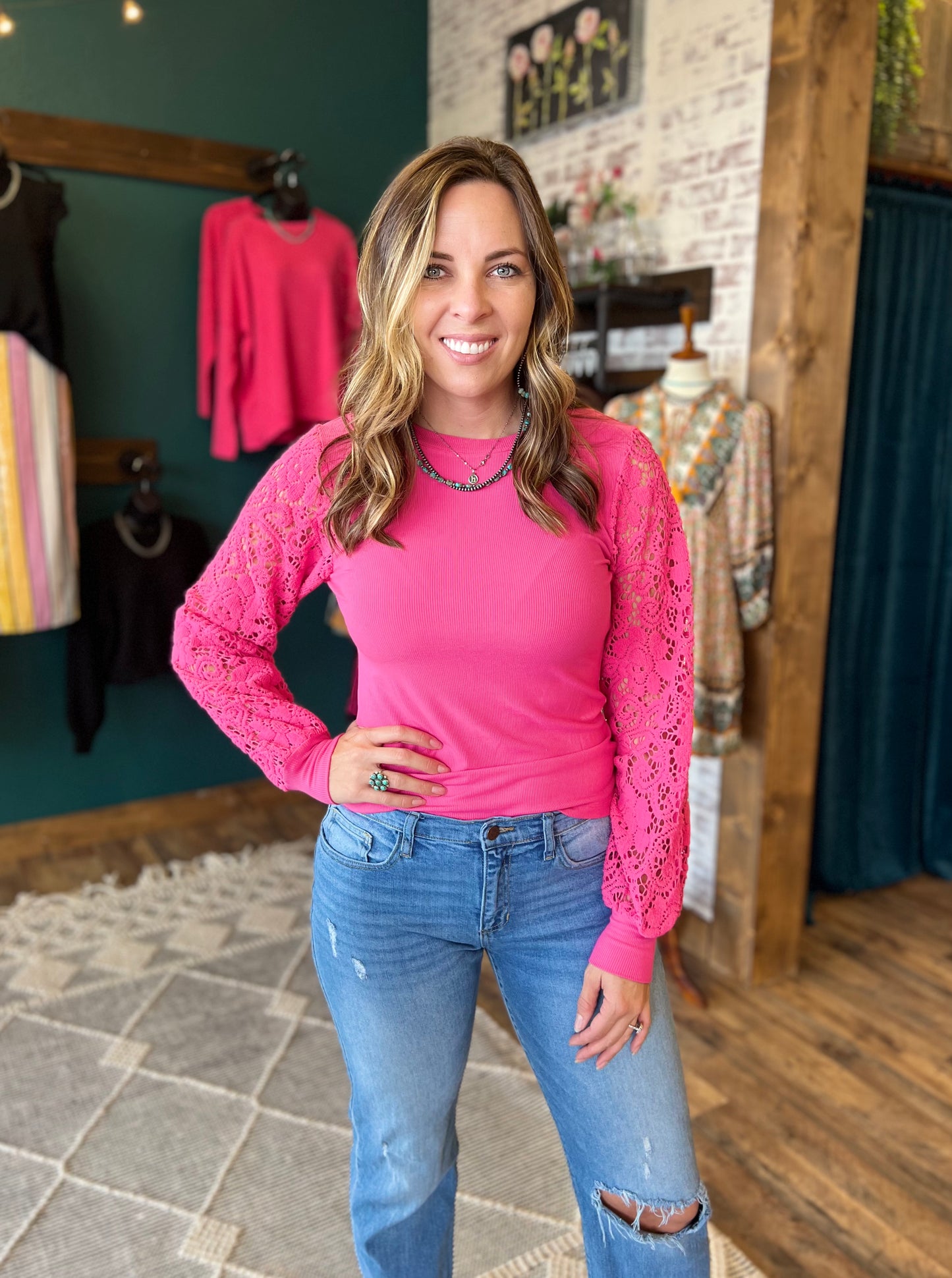 Hot Pink Lace Balloon Sleeve Top