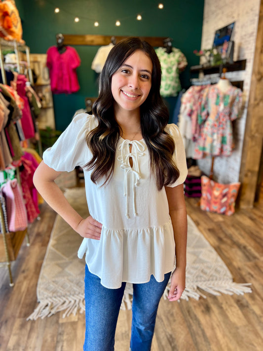 Ivory Neck Tie Peplum Top