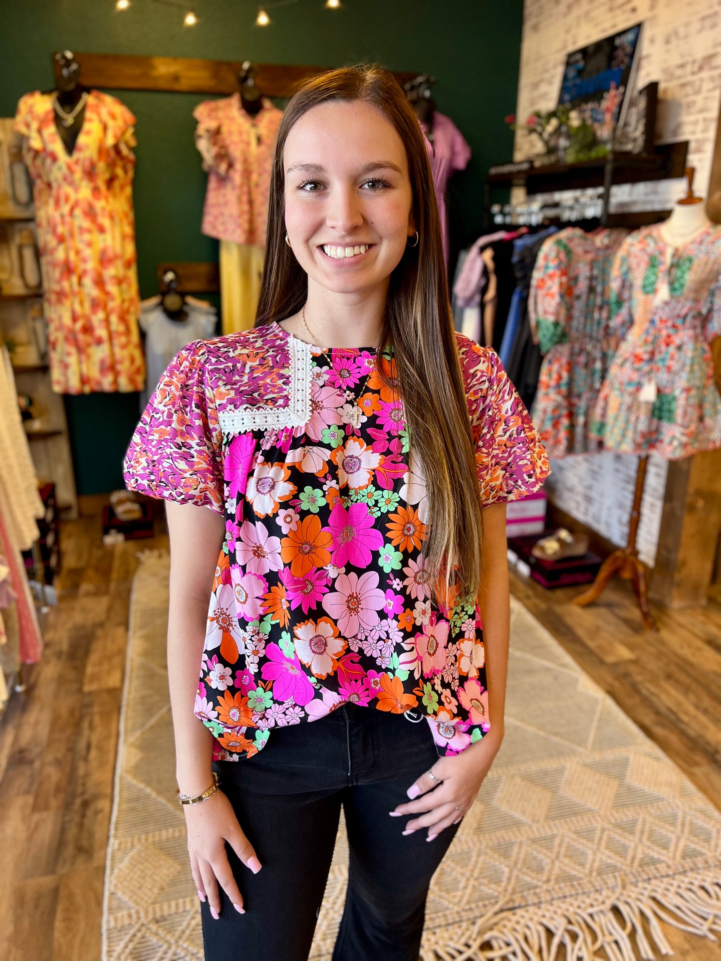 Pink Bubble Sleeve Lace Trim Top