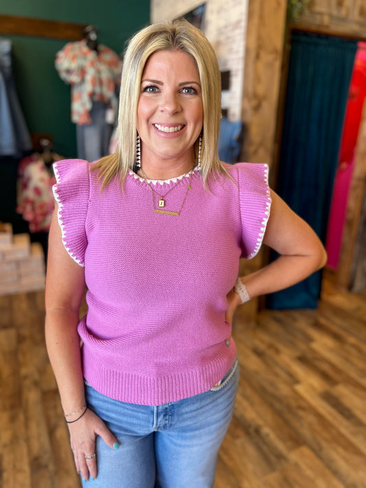 Blanket Stitch Ruffle Sleeve Sweater