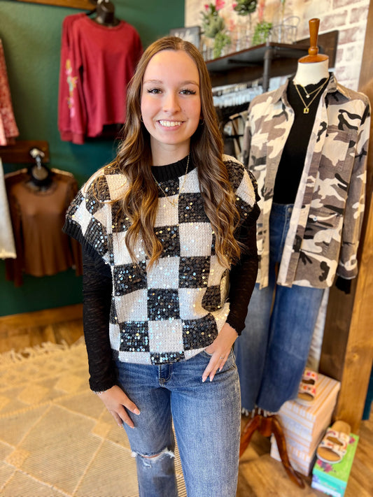 Sequin Checkered Sleeveless Sweater