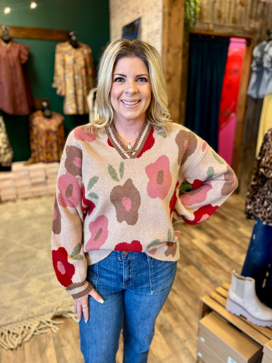 Mocha Floral VNeck Sweater