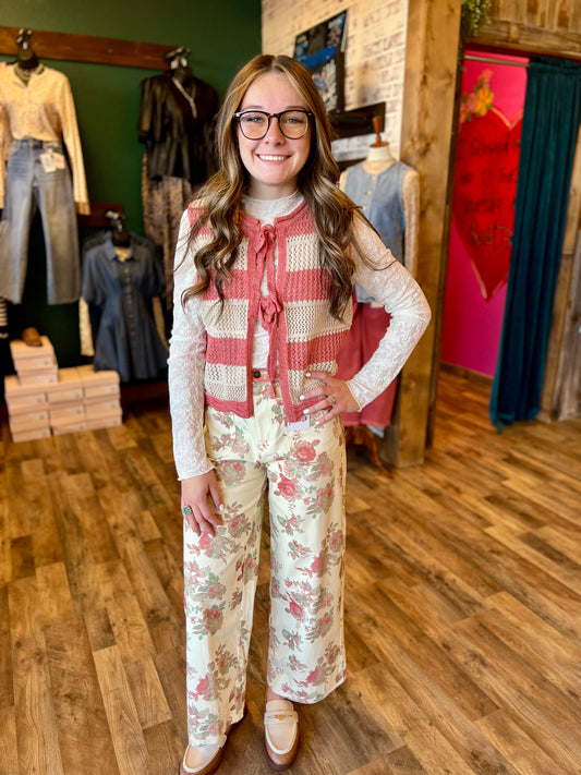 Coral & Ivory Striped Knit Tie Vest