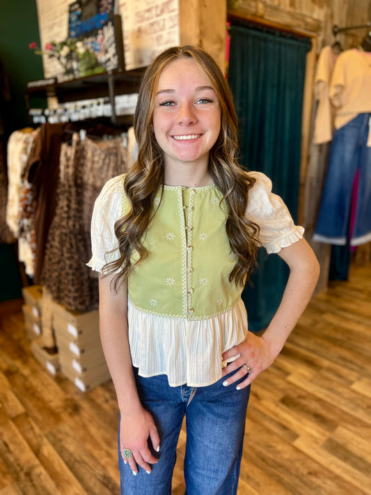 Sage Embroidered Button Up Babydoll