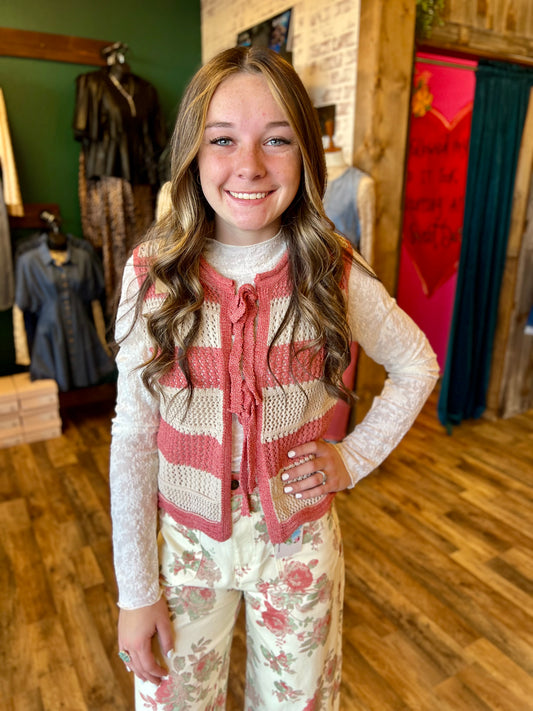Coral & Ivory Striped Knit Tie Vest