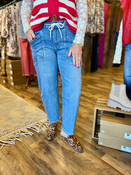 Vervet High Rise Drawstring Wide Band Barrel Jean