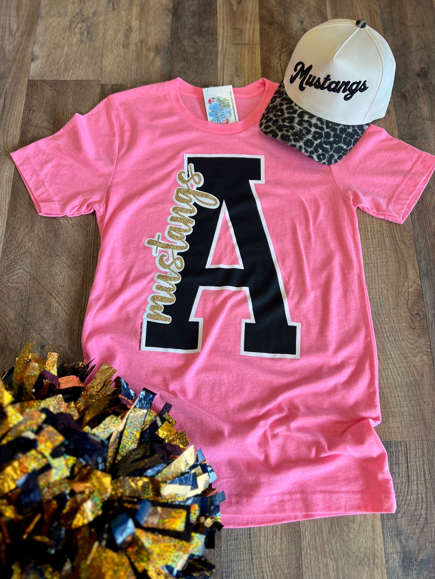 Neon Pink Block A Mustangs Tee