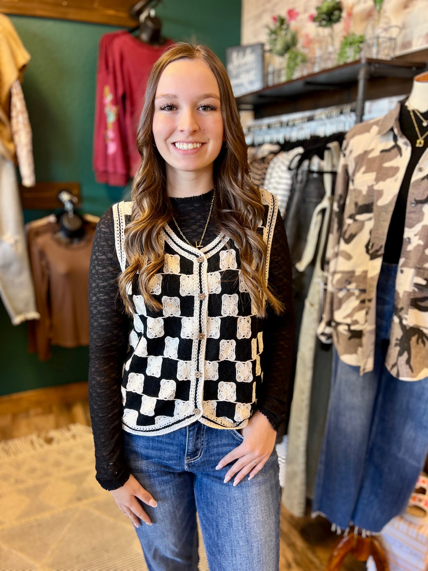 Black Checkered Crochet Vest