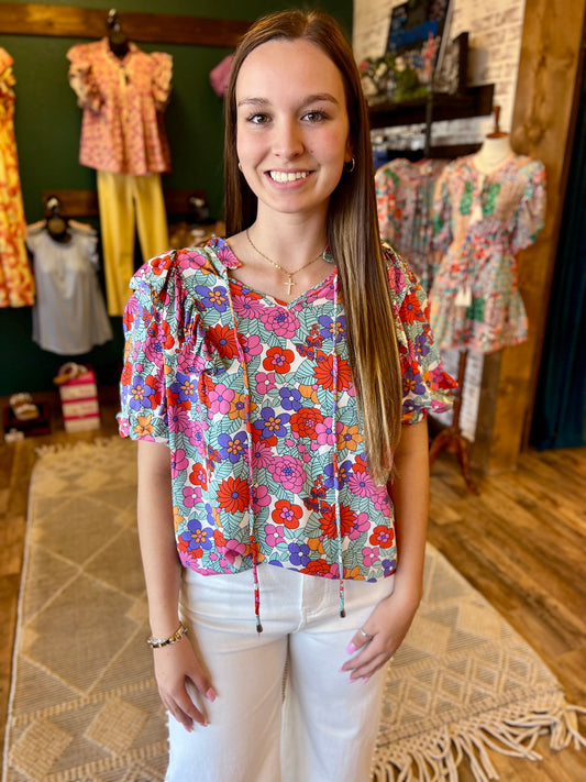 Multi Floral VNeck Puff Sleeve Top