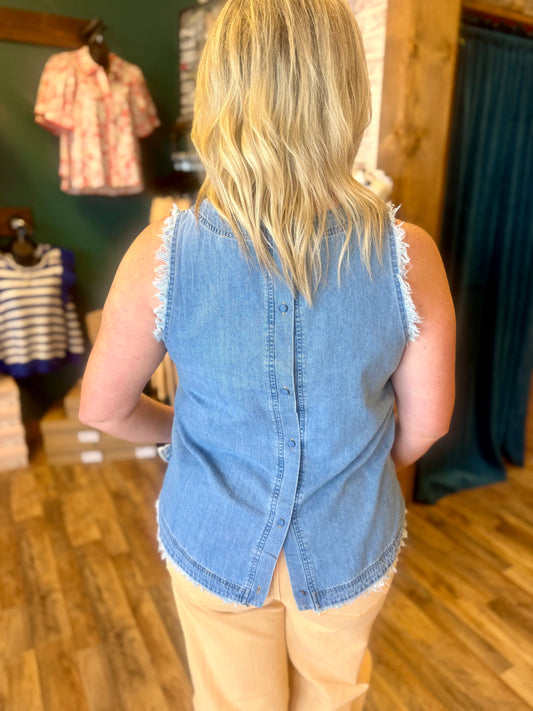 Light Denim Sleeveless Fringe Top