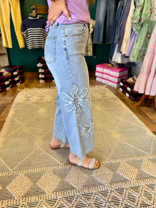 Denim Flower Embellished Jean