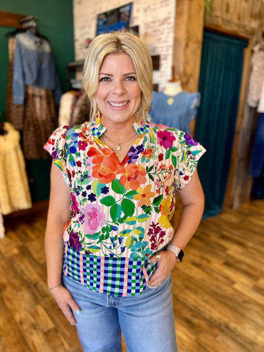 Floral Print Checkered Border Top