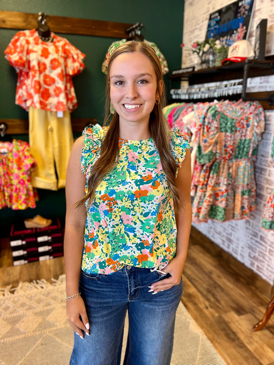Floral Round Neck Ruffle Top