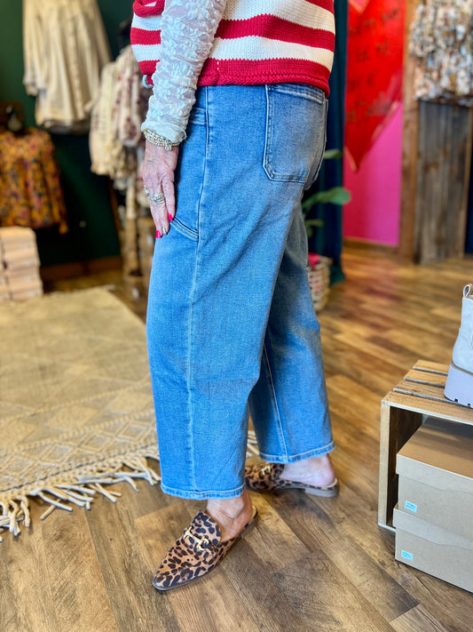 Vervet High Rise Drawstring Wide Band Barrel Jean