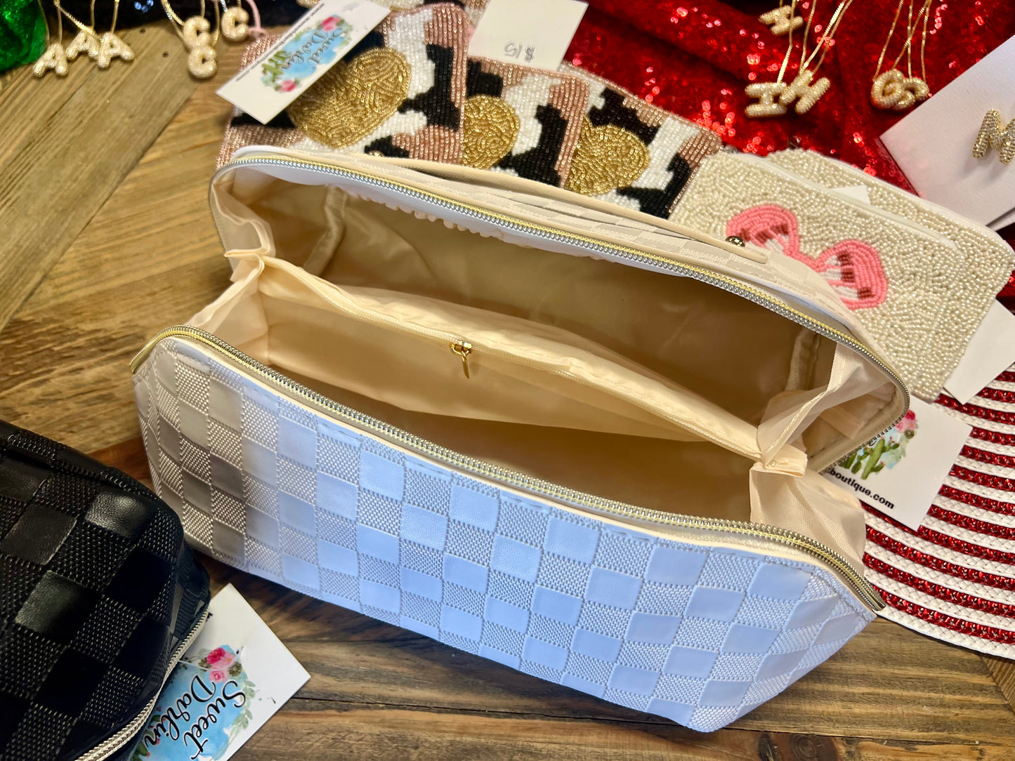 Vegan Leather Checkered Makeup Bag