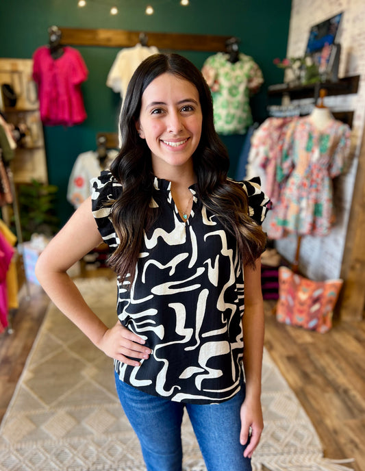 Black Abstract Ruffle Top