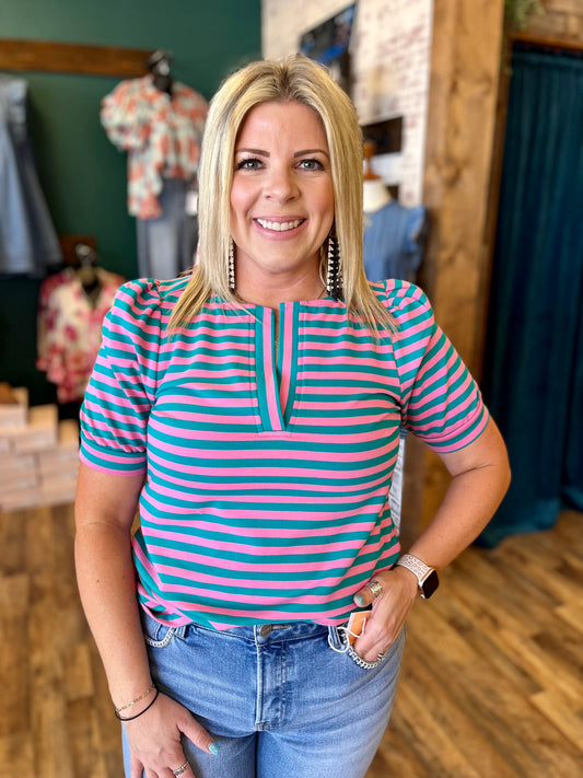 Pink & Teal Split Neck Stripe Top