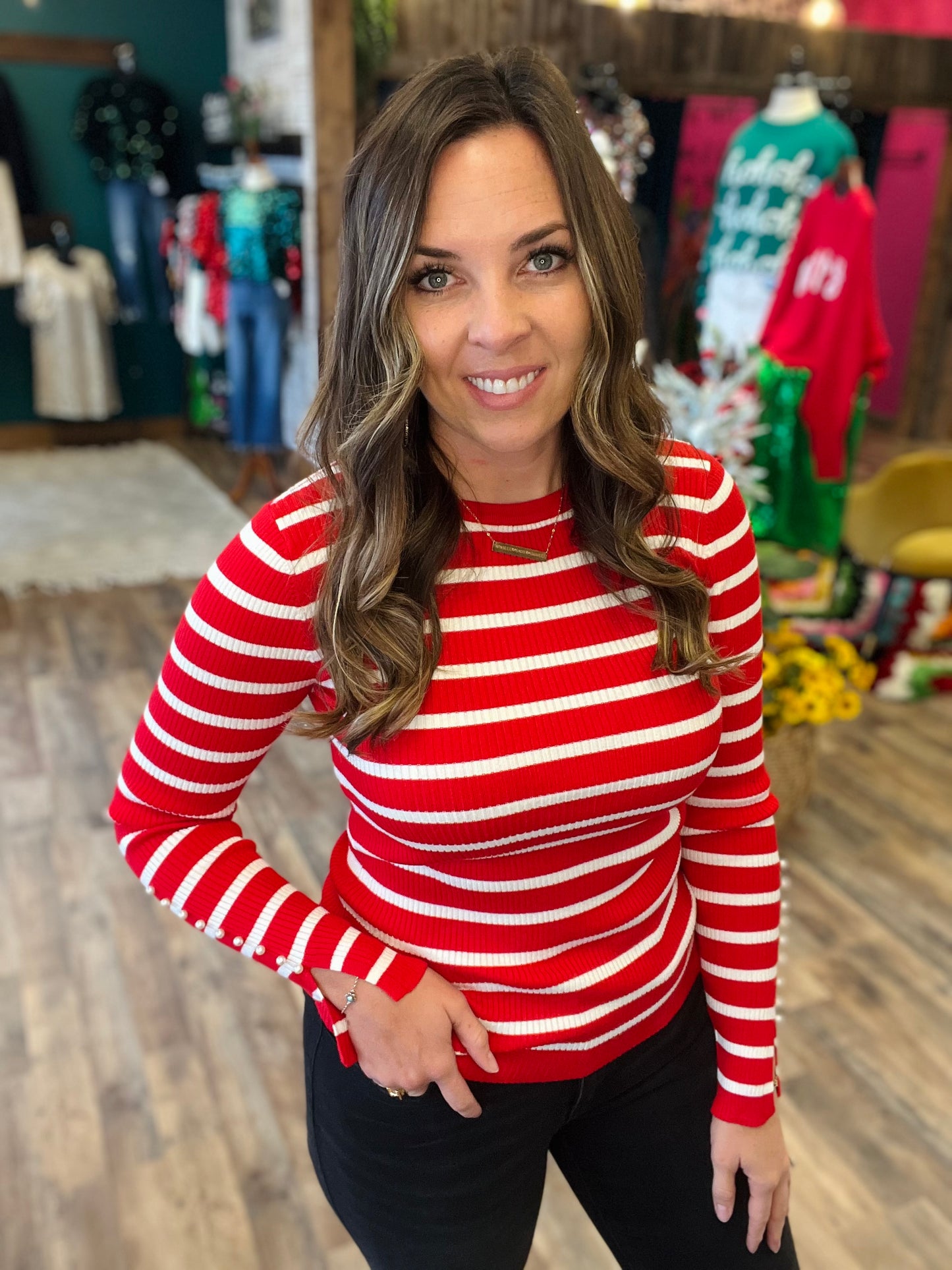 Pearl Button Sleeve Stripe Top