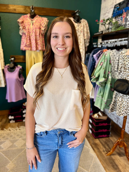 Cream Ribbed Pocket Top