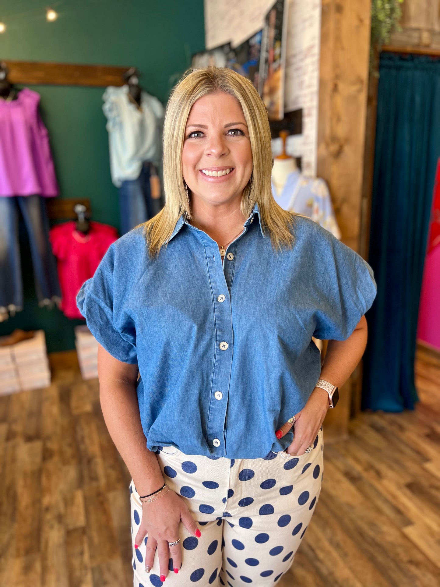 Denim Bubble Button Top