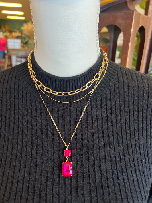 Triple Strand Pink Stone Necklace