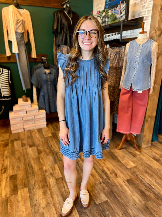 Sleeveless Pleated Denim Dress