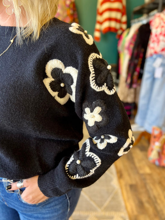 Black Floral Embroidered Sweater