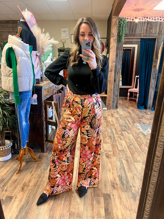 Satin Floral Pleated Pants