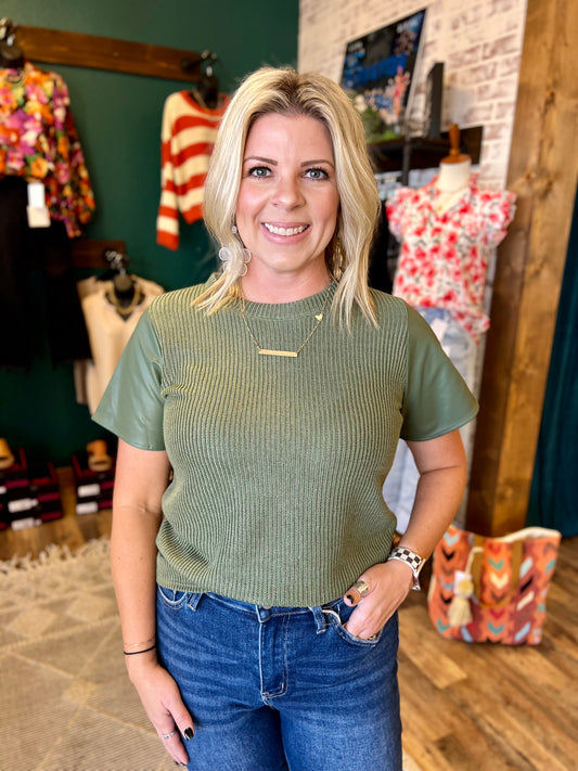 Knit Top w/ Faux Leather Sleeve