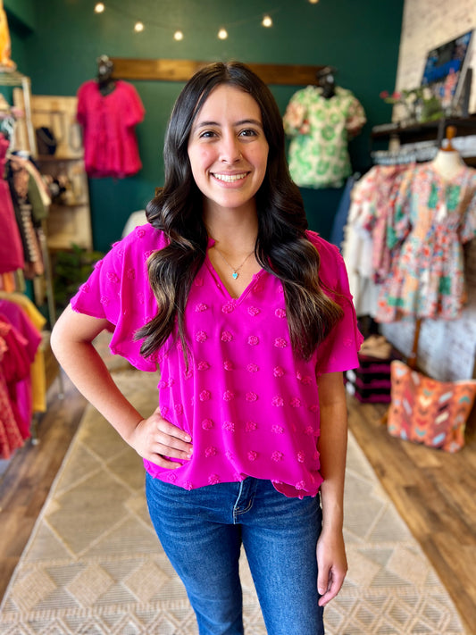 Ruffled VNeck Swiss Dot Top