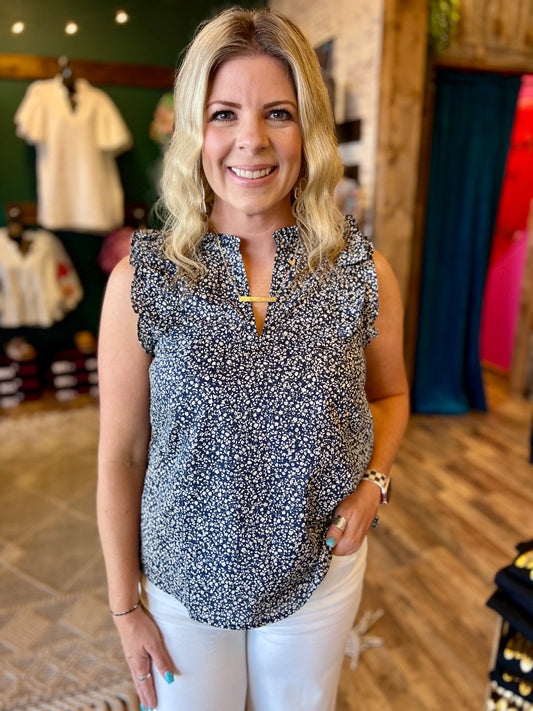 Navy Floral Vneck Top