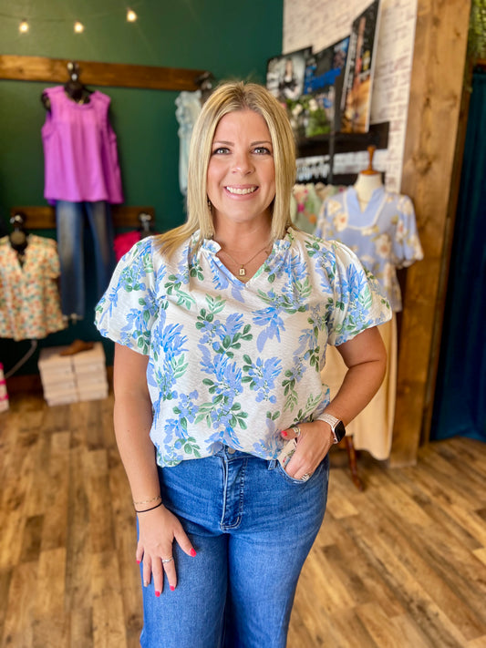 Blue Floral Bubble Sleeve Top