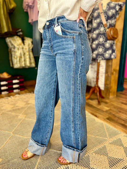 High Rise Cuffed Wide Panel Jean