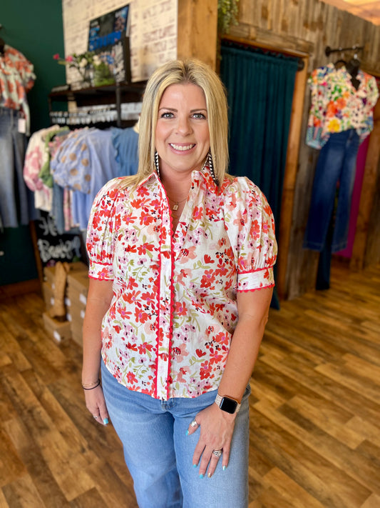 Coral Floral Trimmed Button Down Top