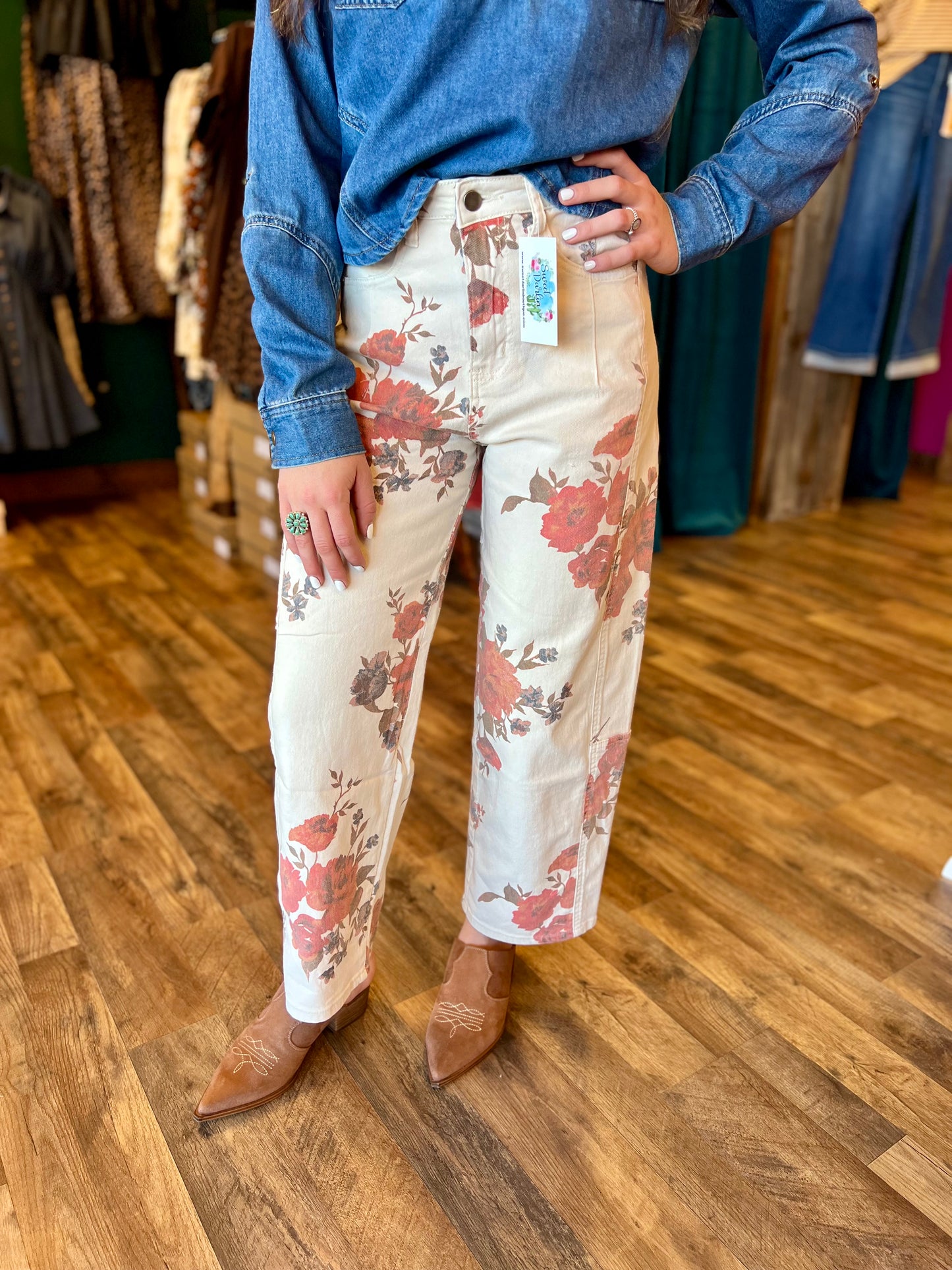 Beige Floral Washed Dress Jean