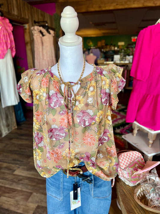 Taupe Sheer Floral Ruffle Top
