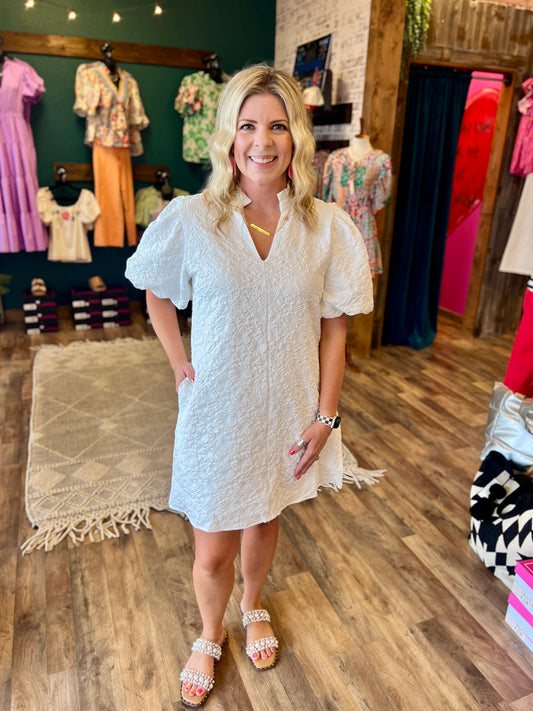 White Floral Textured Puff Sleeve Dress
