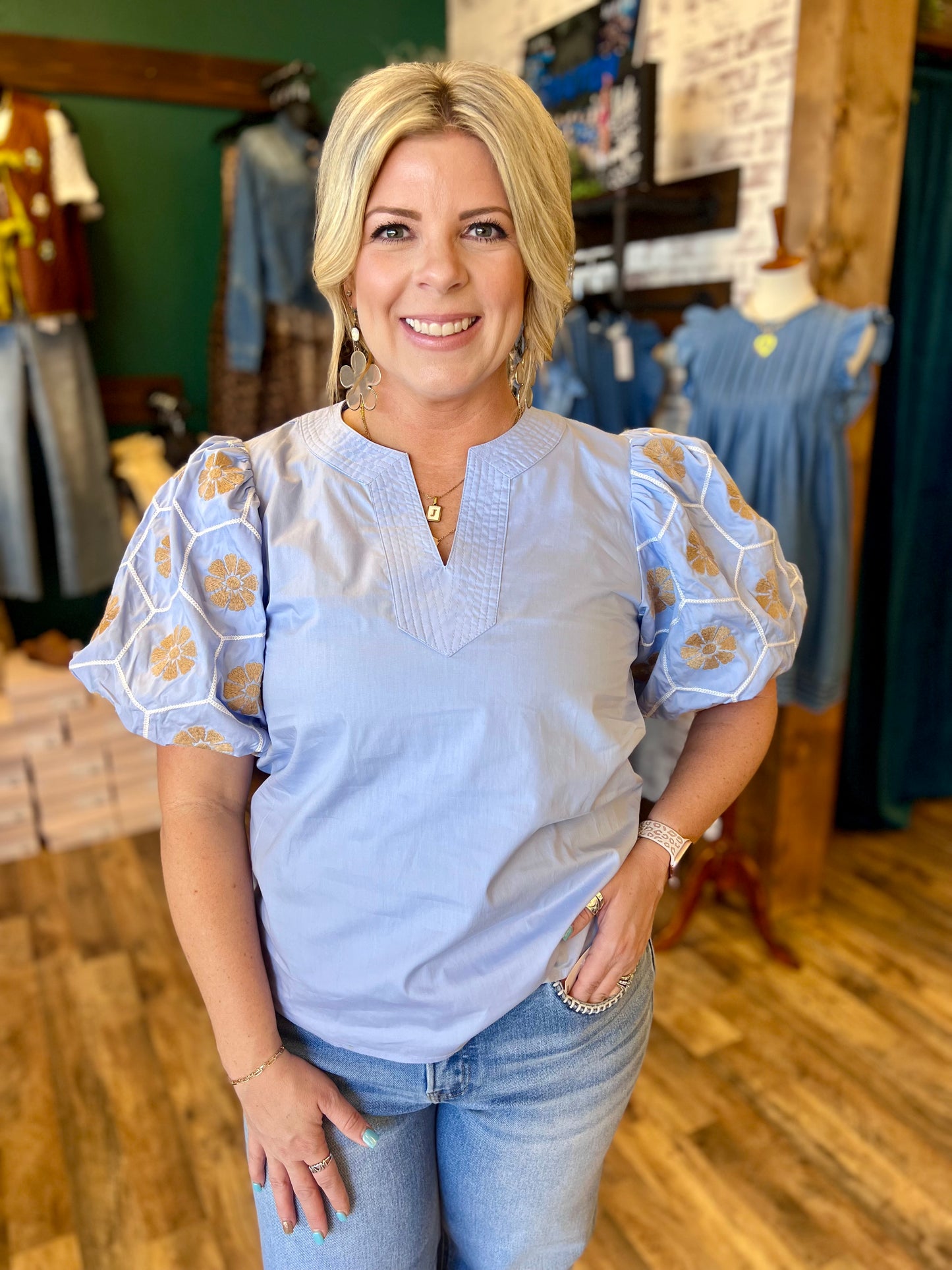 Vneck Embroidered Sleeve Blouse
