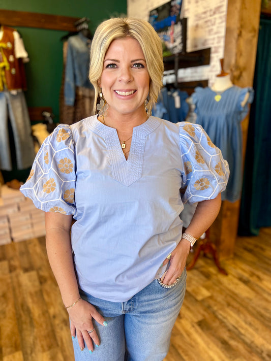 Vneck Embroidered Sleeve Blouse