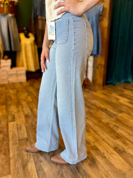 Vervet Denim Stripe Wide Hem Trouser