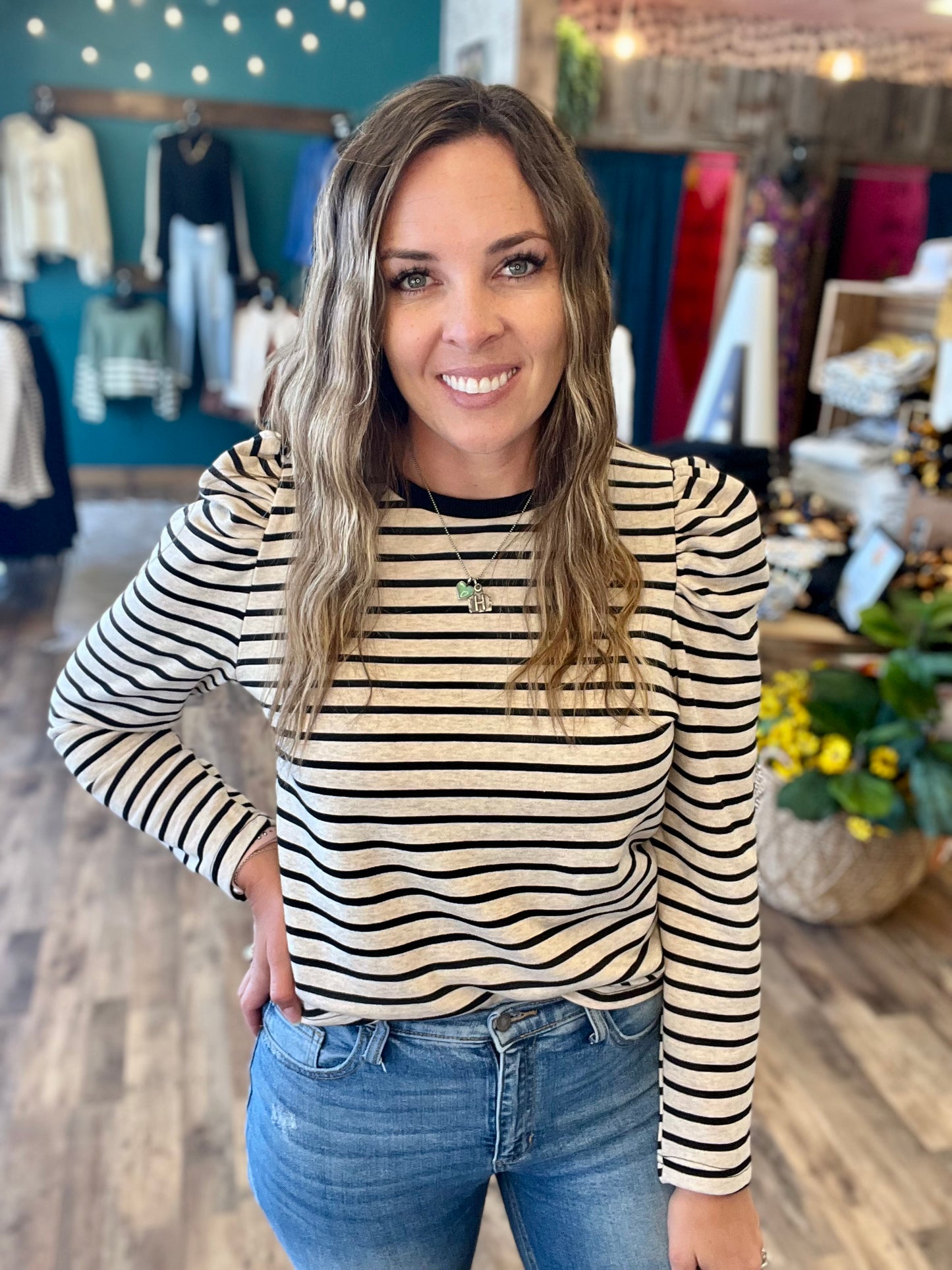 Puff Shoulder Striped Top